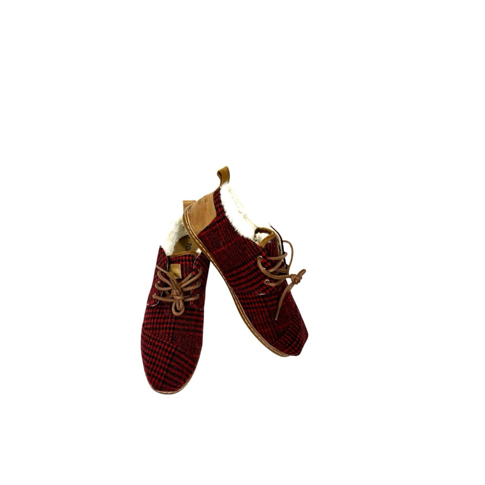 Toms Bota Desert Red Plaid Felt Fur Lined Laceup Boots Size 8